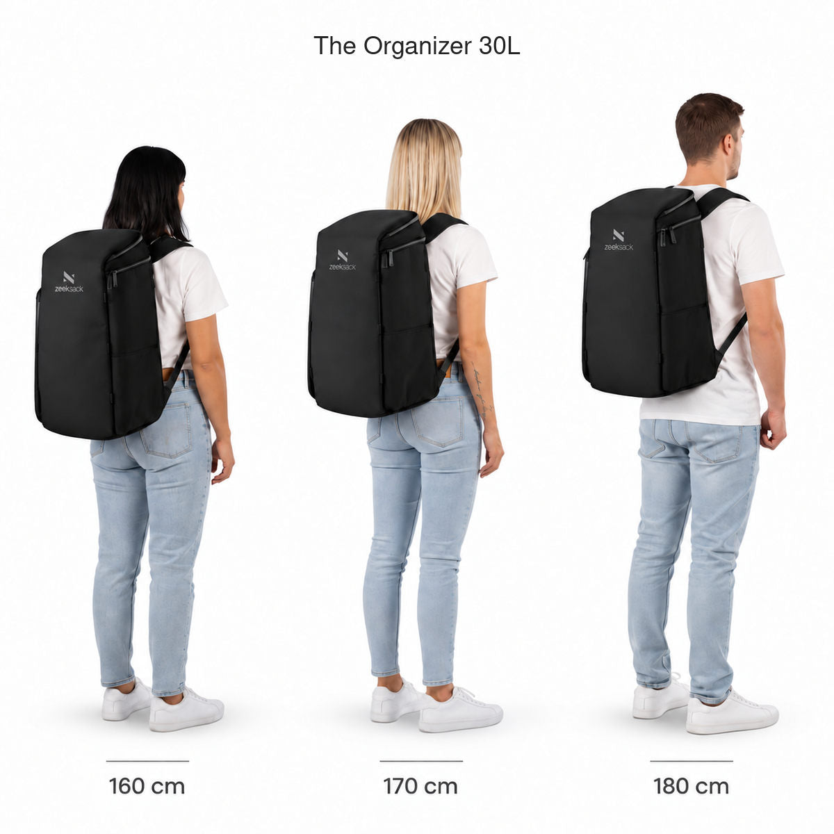 The Organizer 30L – maatvergelijking bij personen van 160, 170 en 180 cm lang.