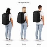 The Organizer 30L – maatvergelijking bij personen van 160, 170 en 180 cm lang.