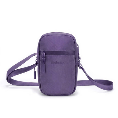 Zeeksack Travel Pouch (paars) – schouderband en voorvak met rits.