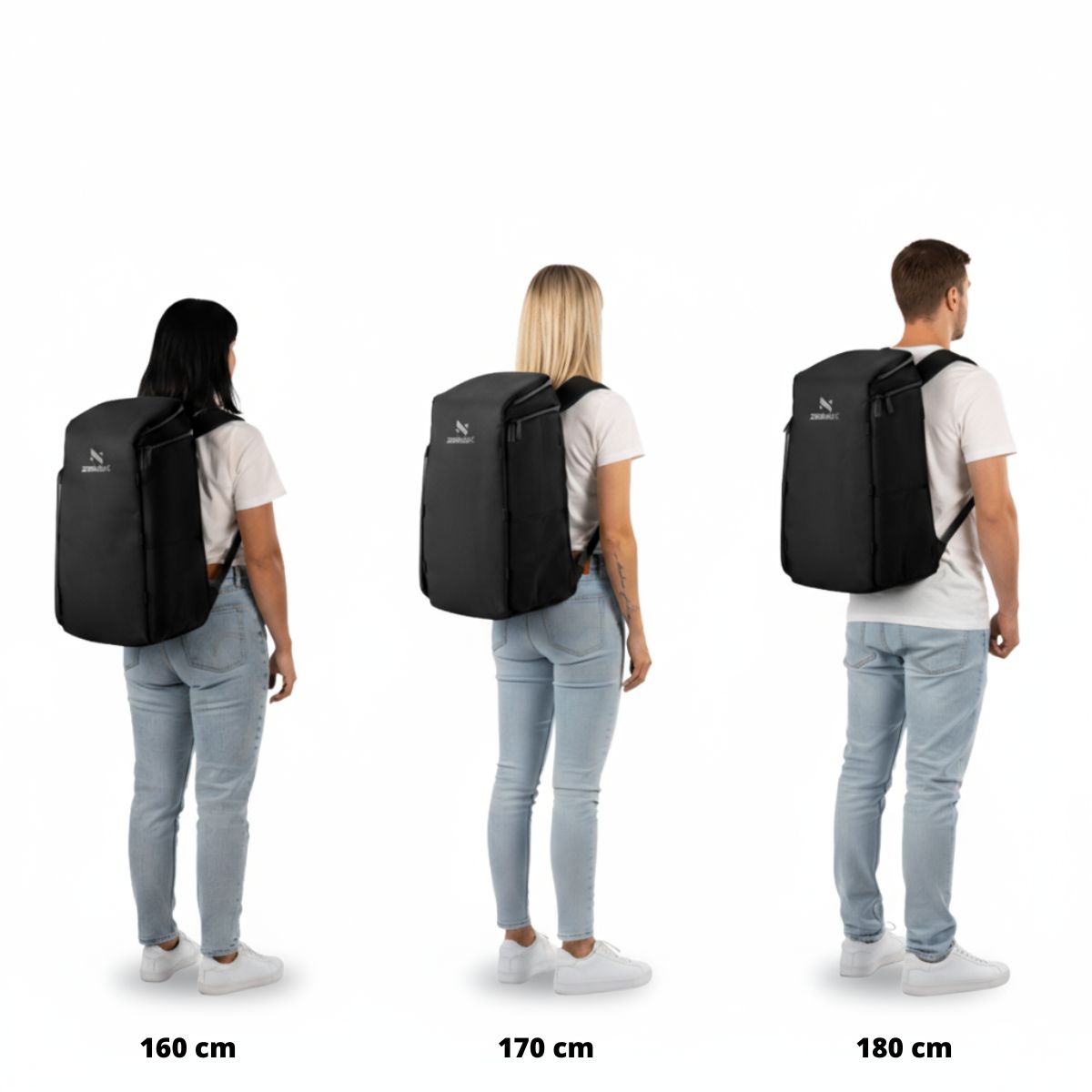 Maatgids met de rugzak gedragen door personen van 160, 170 en 180 cm lang.